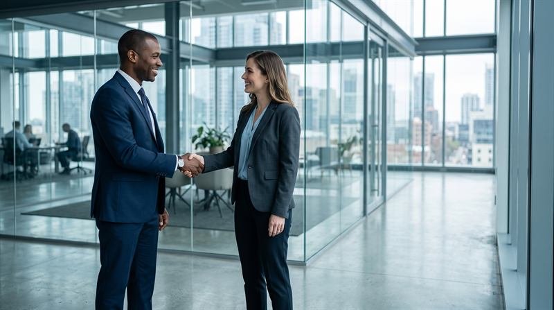 Two colleagues shaking hands in a bright office